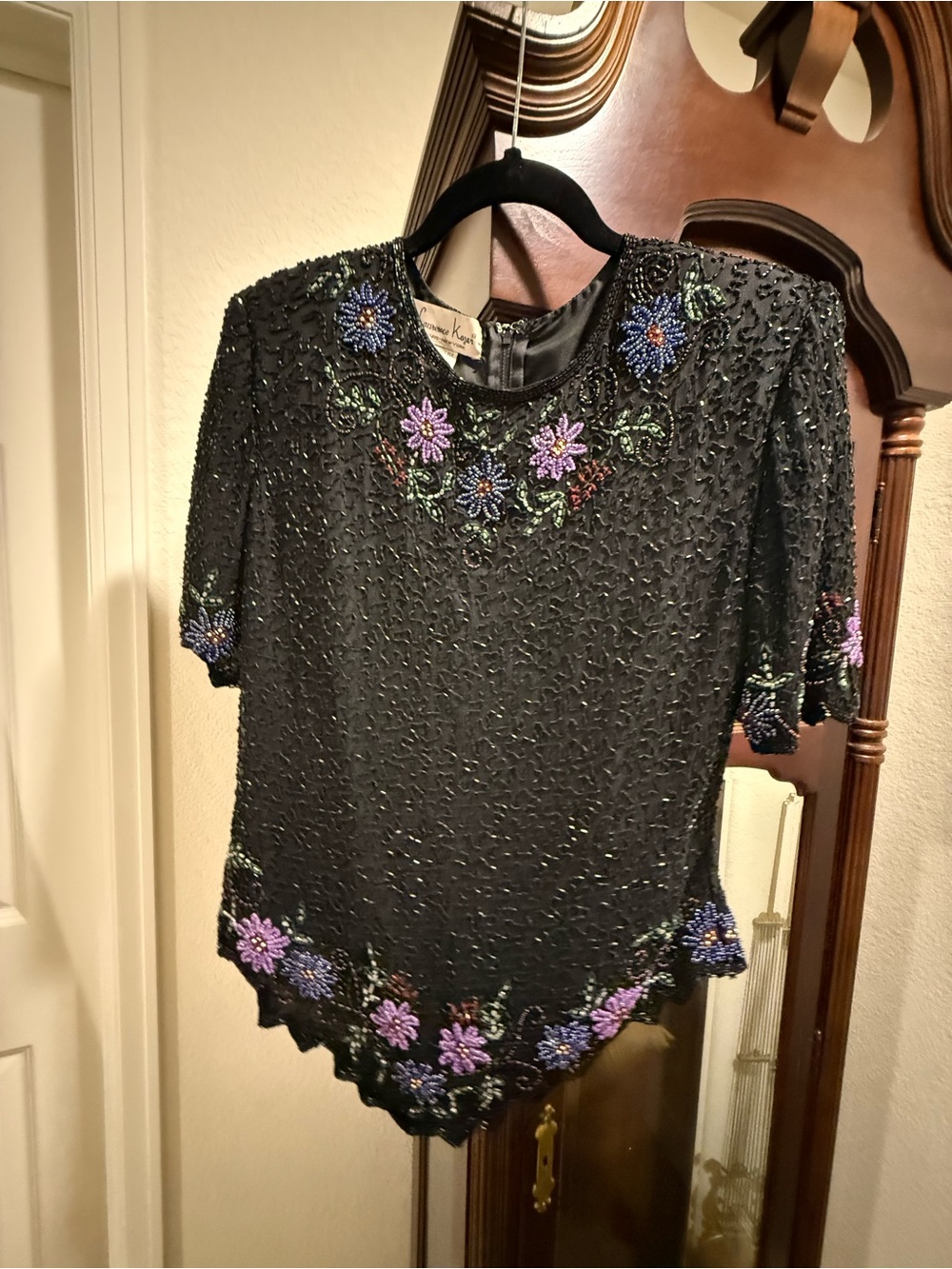 Black Beaded Floral Top - Vintage Style